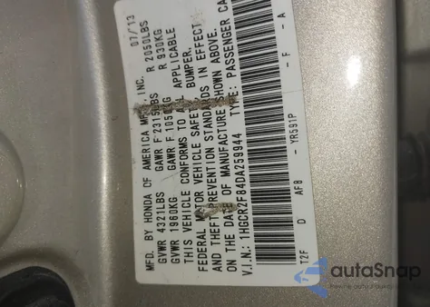 2013 Honda Accord Ex-L from USA, damaged, VIN 1HGCR2F84DA259944